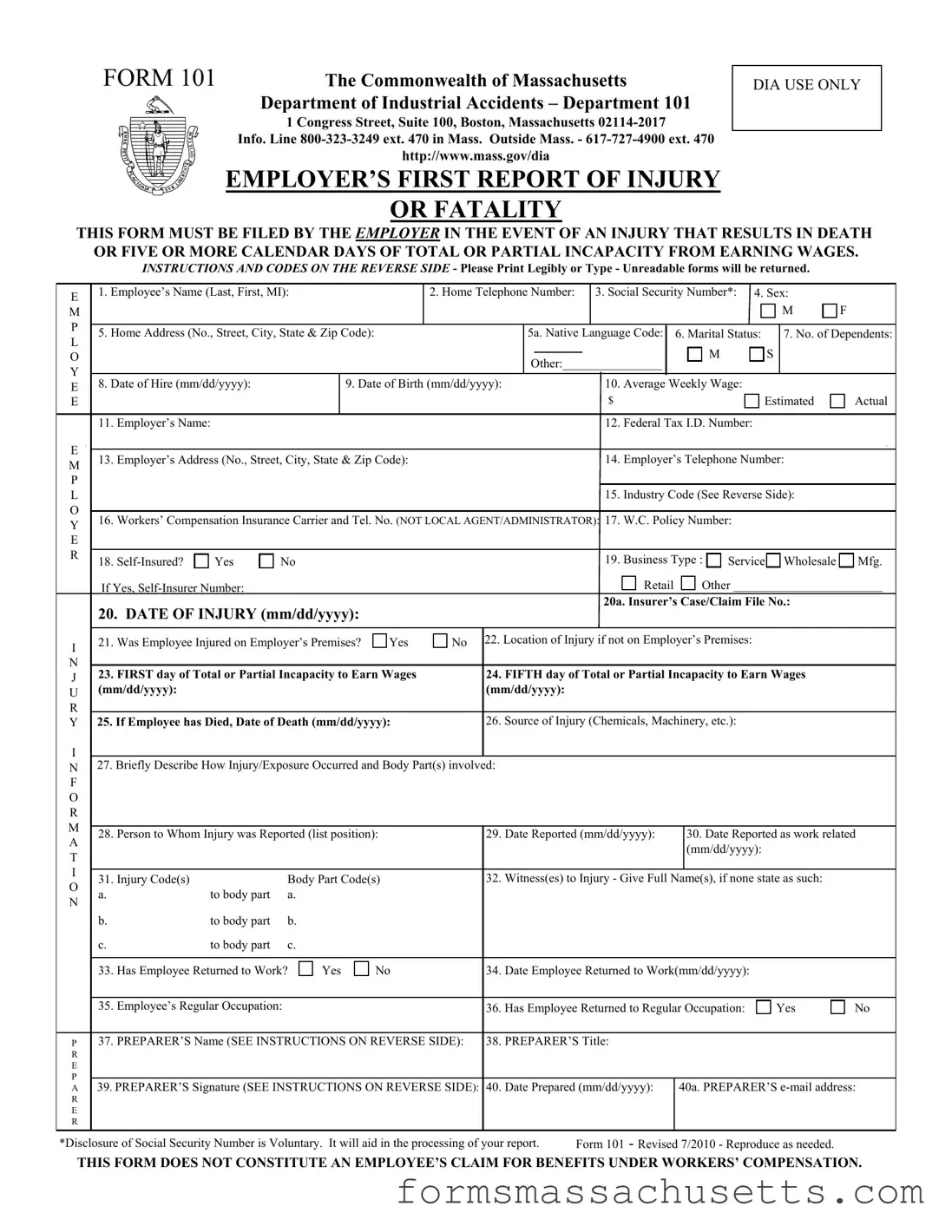 Fill in a Valid 101 Massachusetts Form