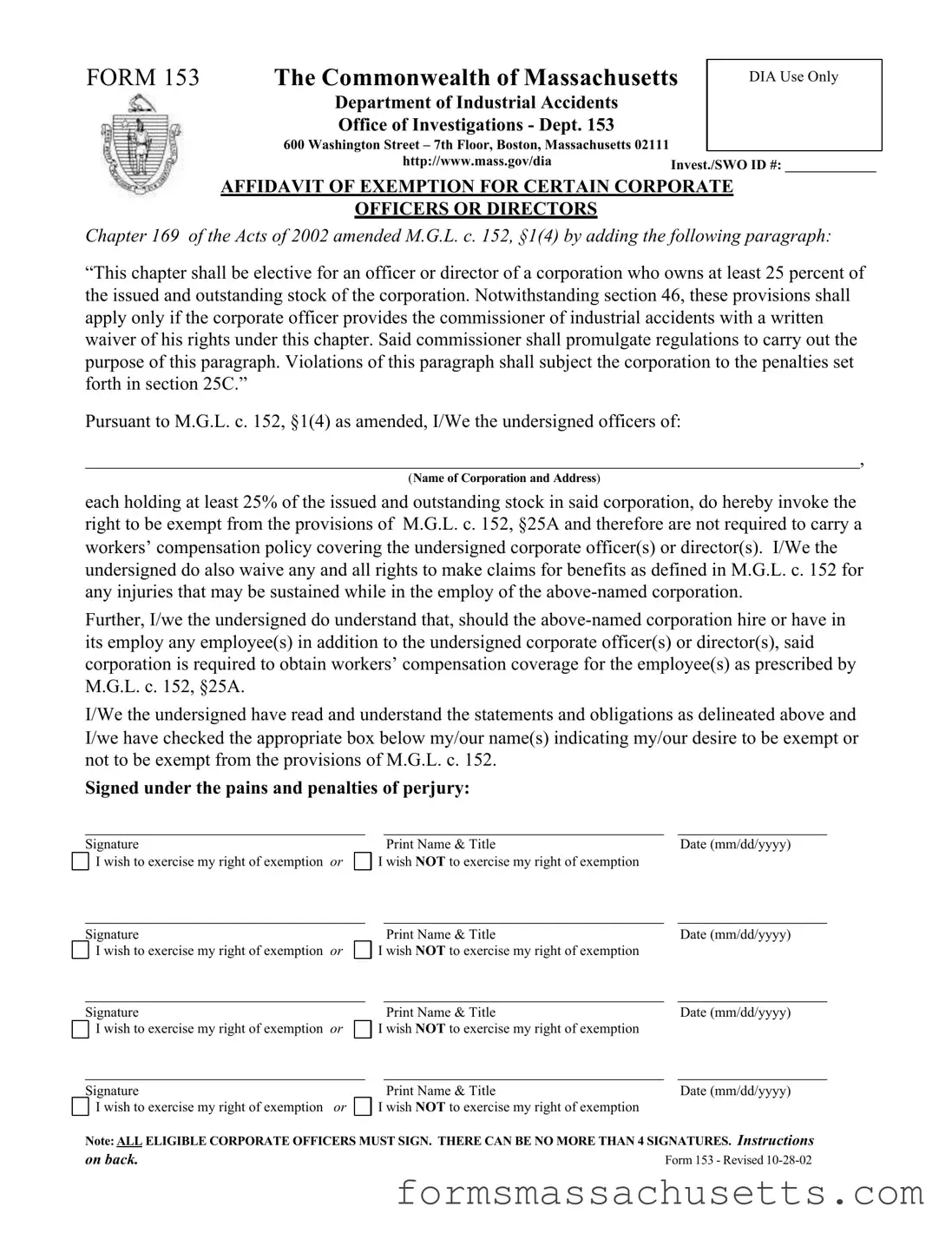 Fill in a Valid 153 Massachusetts Form