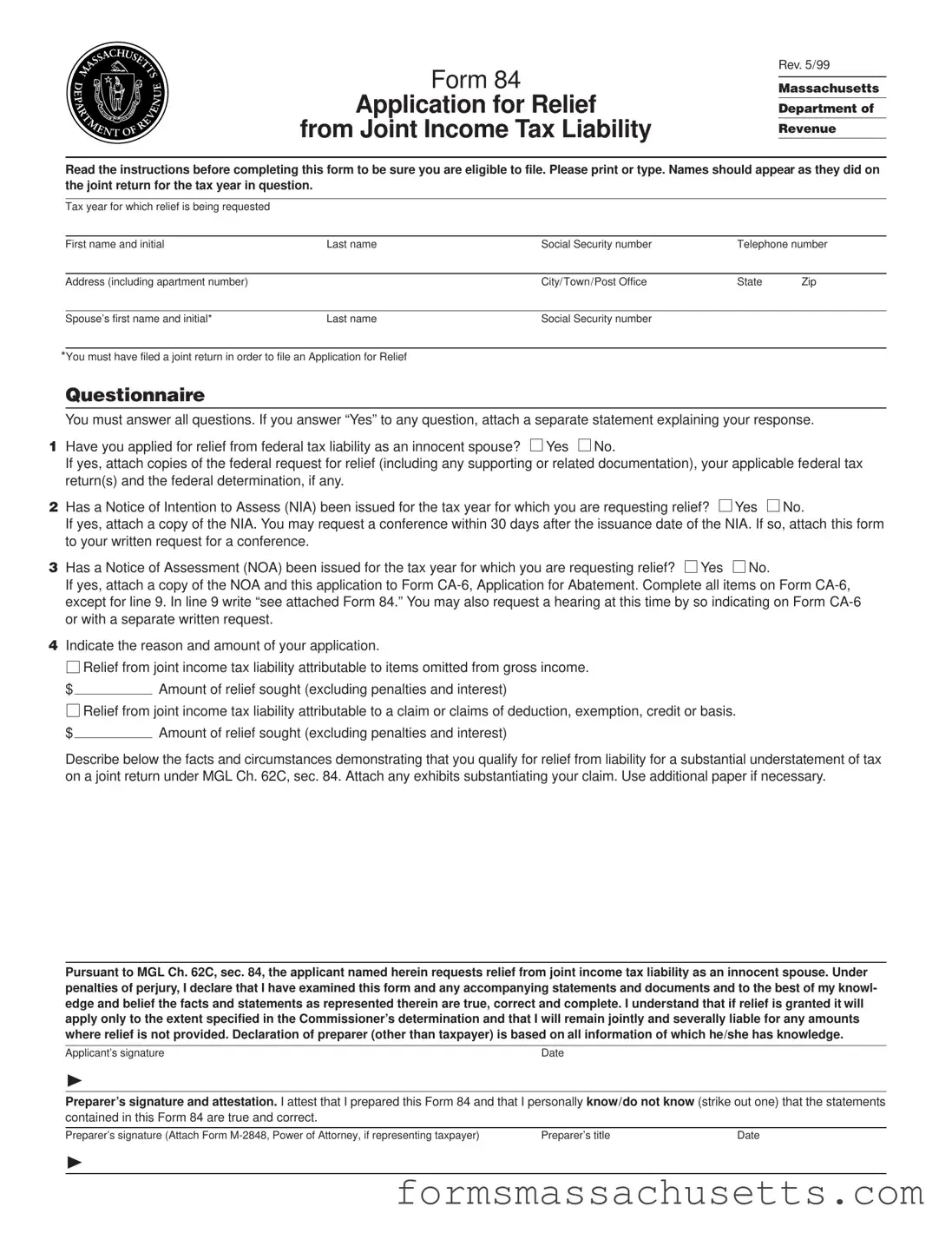 Fill in a Valid Massachusetts 84 Form