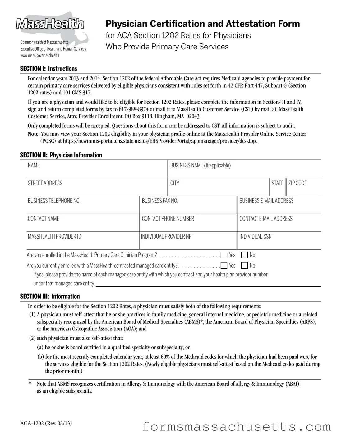 Fill in a Valid Massachusetts Aca 1202 Form