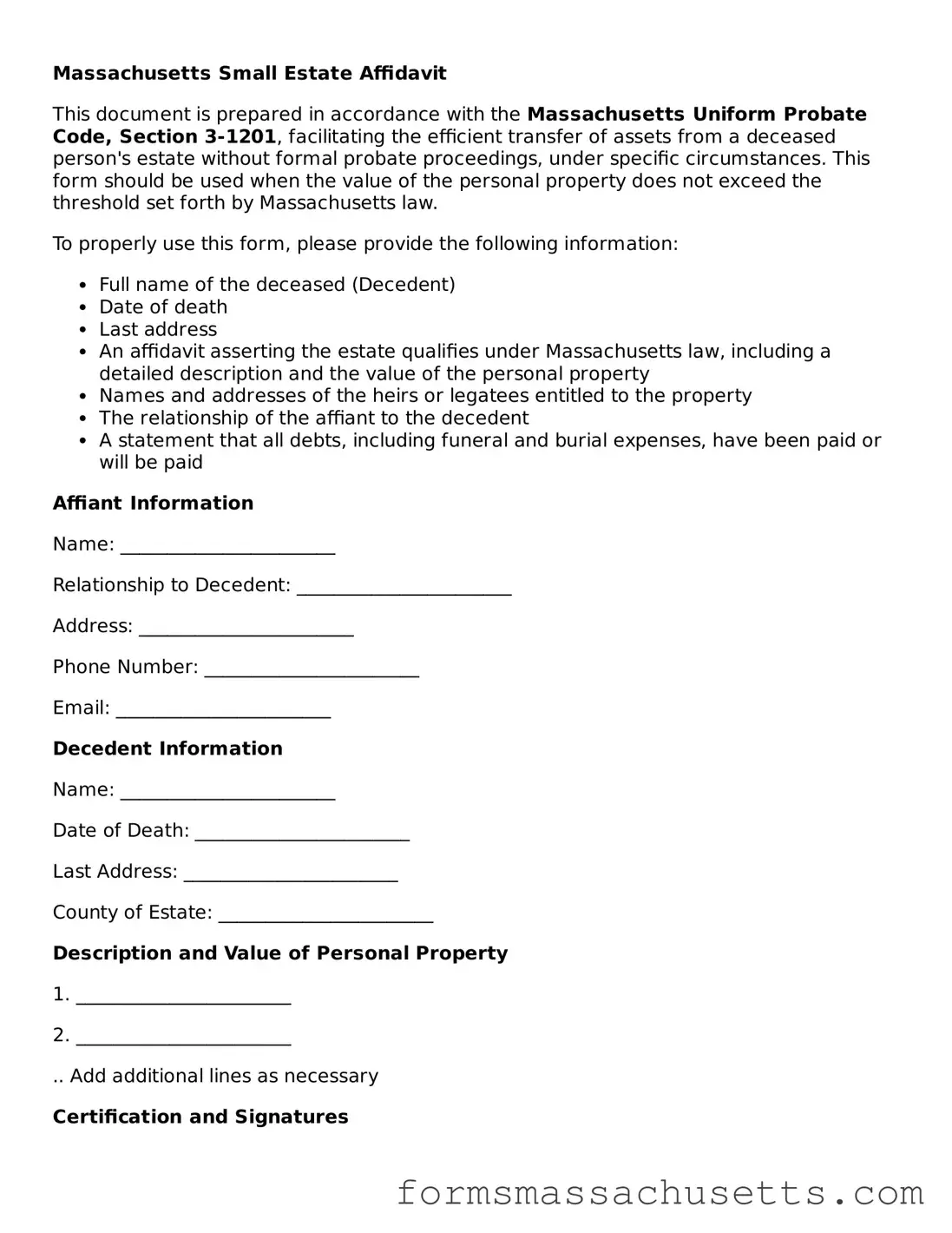 Massachusetts Small Estate Affidavit Document