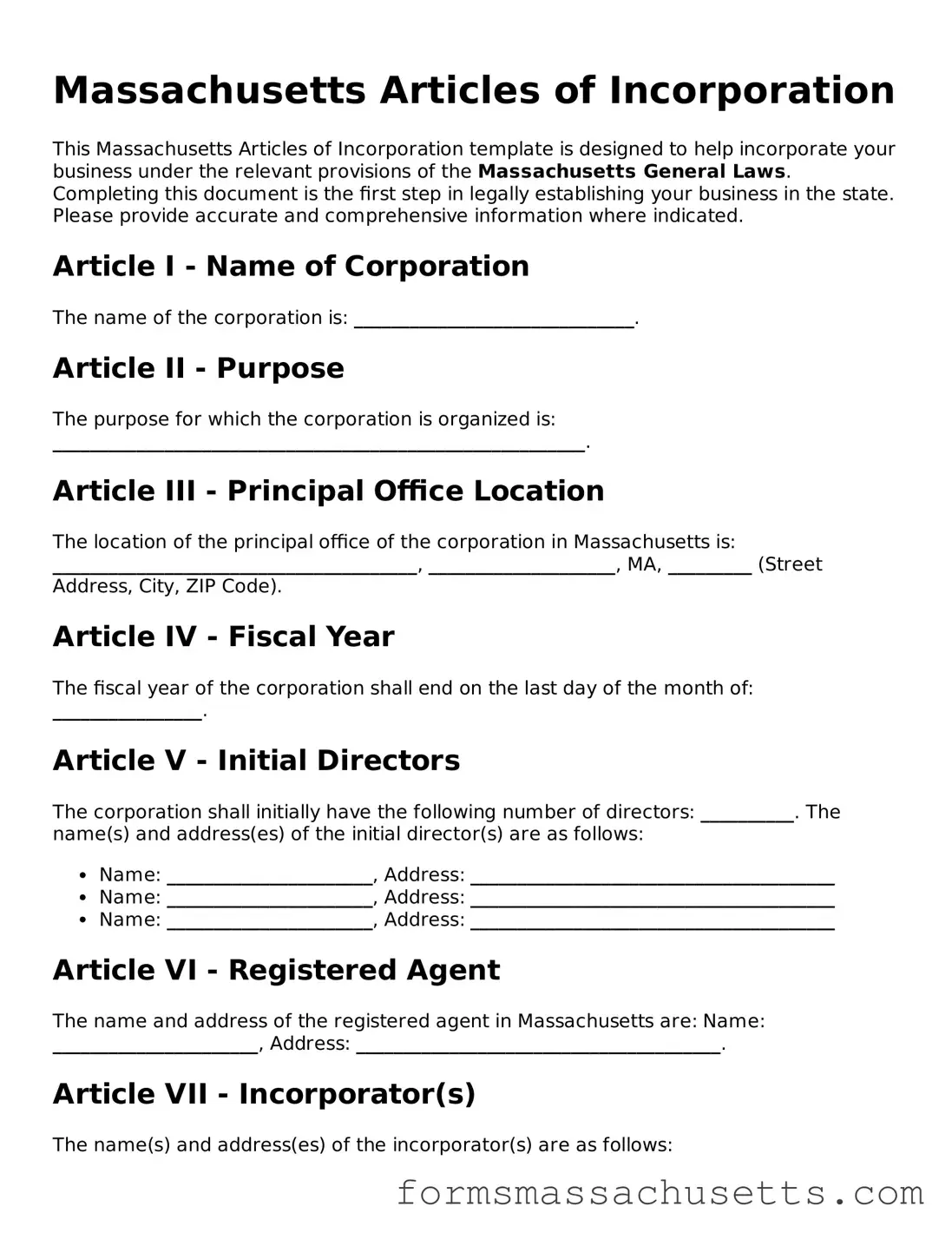 Massachusetts Articles of Incorporation Document