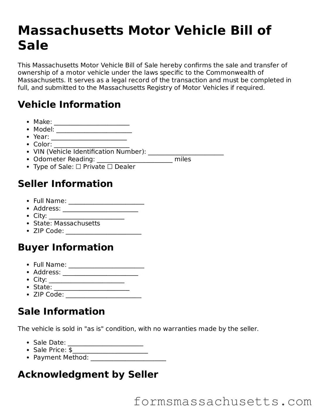 Massachusetts Motor Vehicle Bill of Sale Document