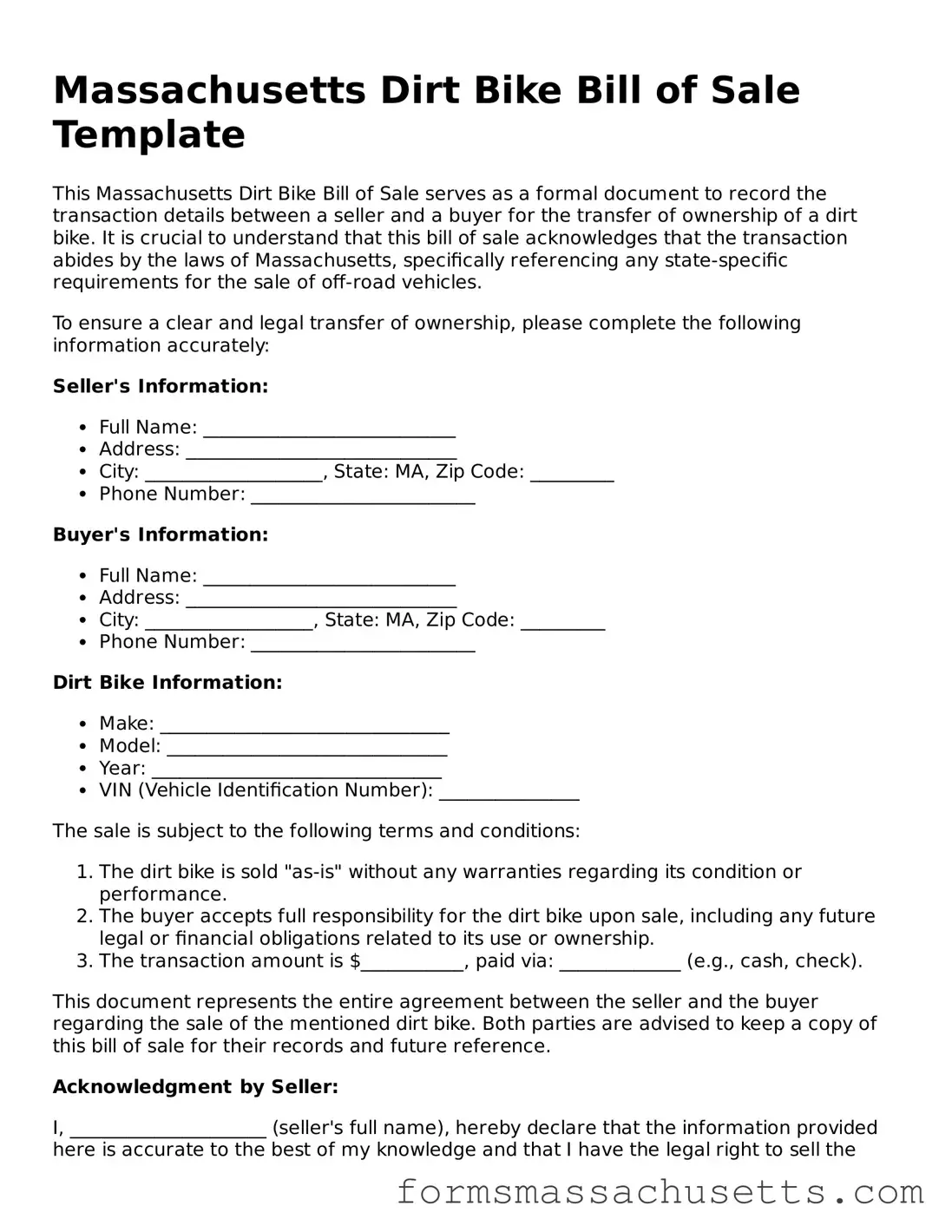 Massachusetts Dirt Bike Bill of Sale Document