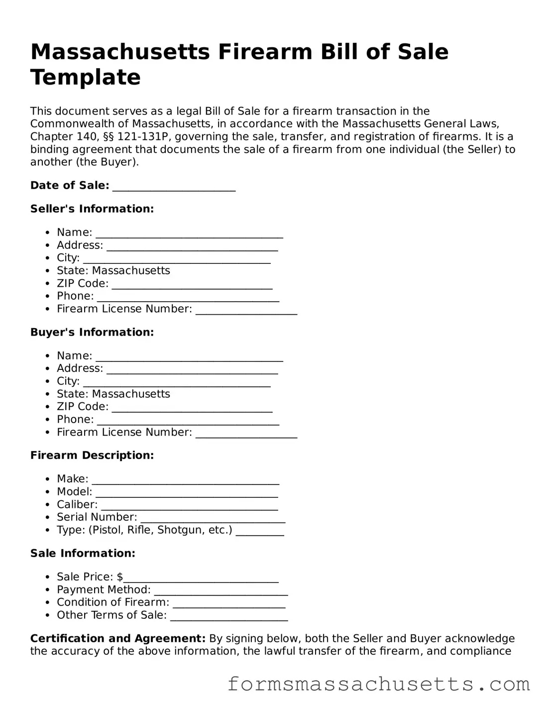Massachusetts Firearm Bill of Sale Document