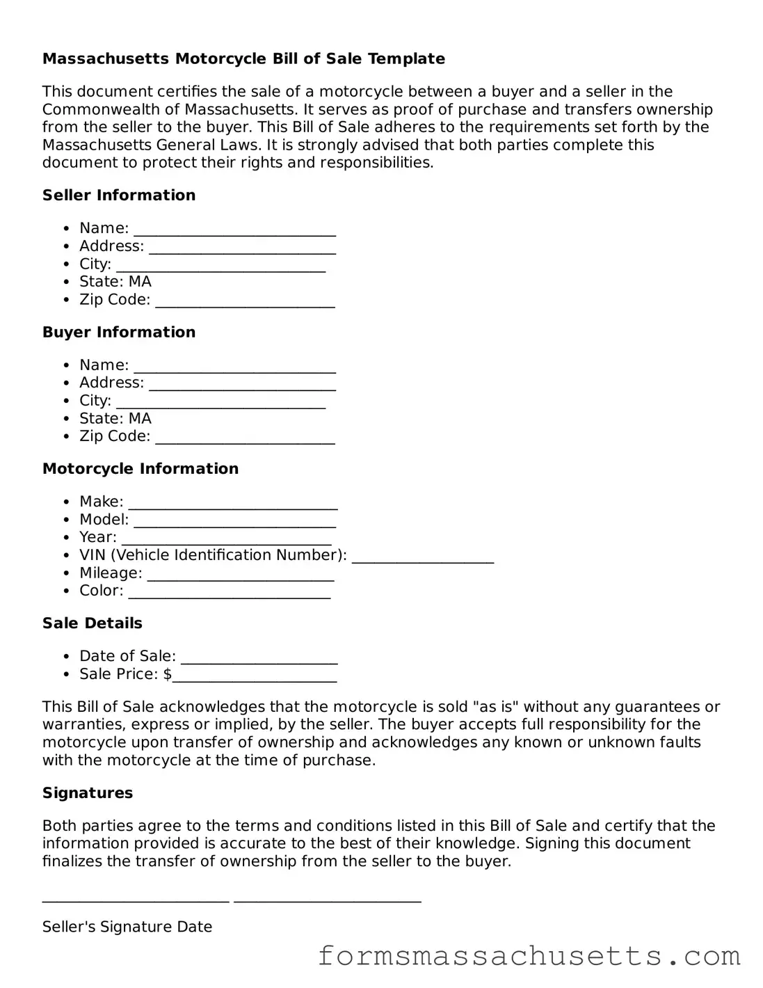Massachusetts Motorcycle Bill of Sale Document