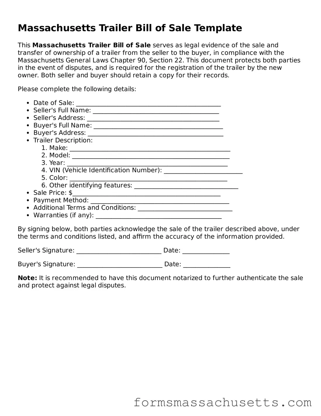 Massachusetts Trailer Bill of Sale Document