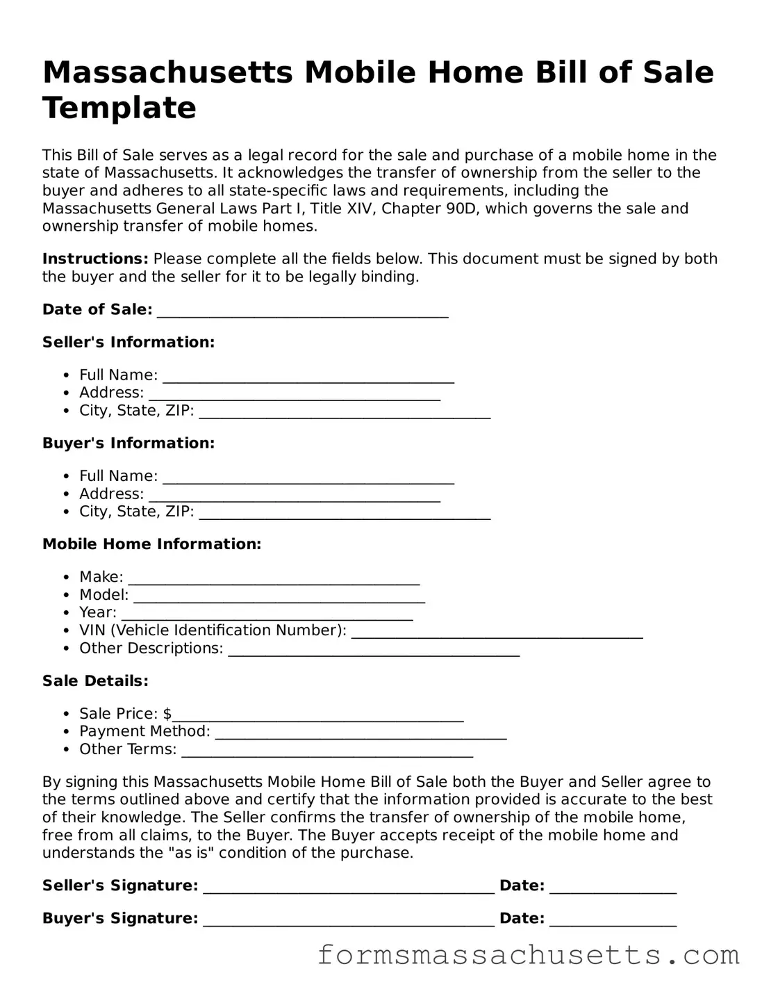 Massachusetts Mobile Home Bill of Sale Document