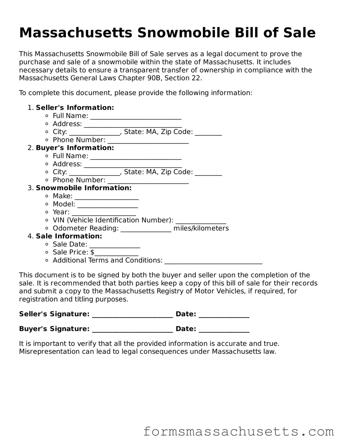 Massachusetts Snowmobile Bill of Sale Document