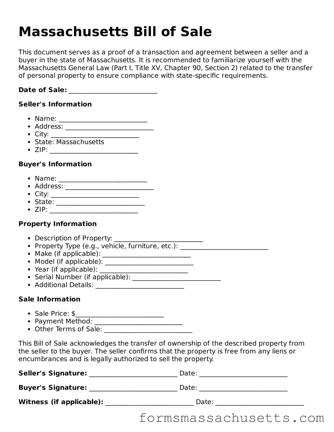 Massachusetts Bill of Sale Document