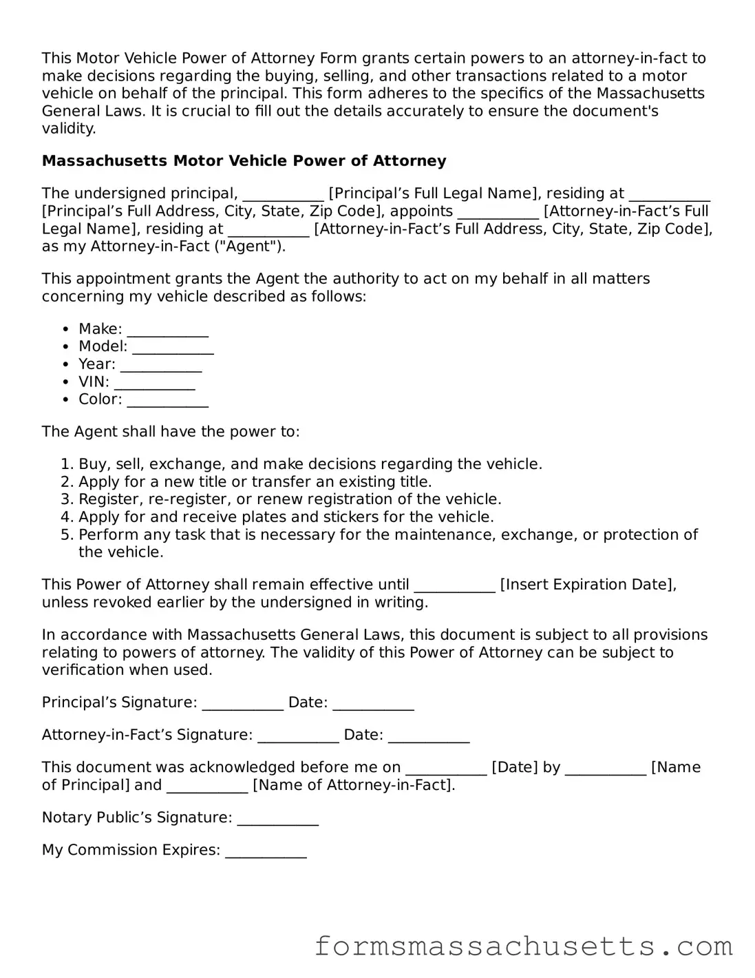 Massachusetts Motor Vehicle Power of Attorney Document