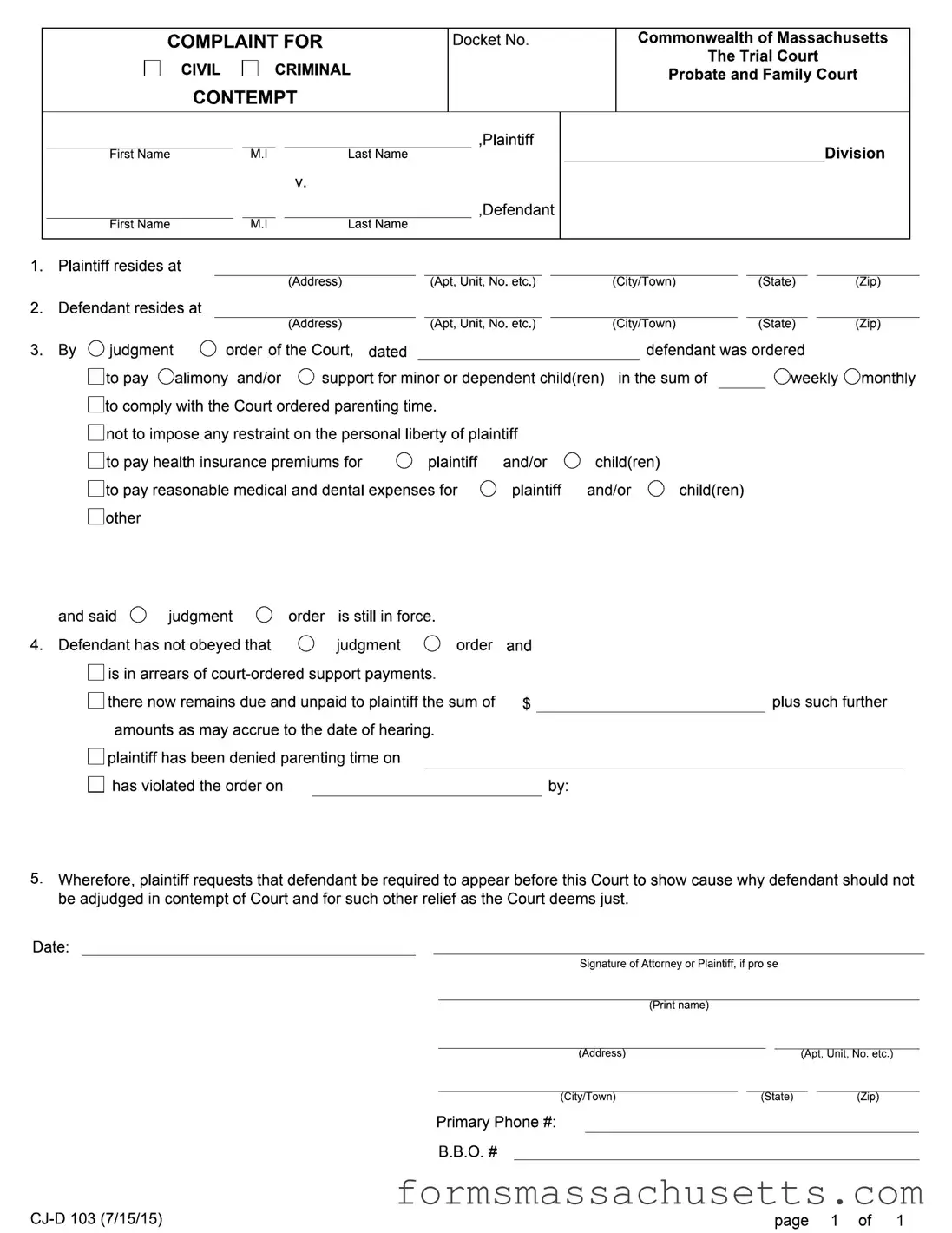 Fill in a Valid Massachusetts Complaint For Contempt Form