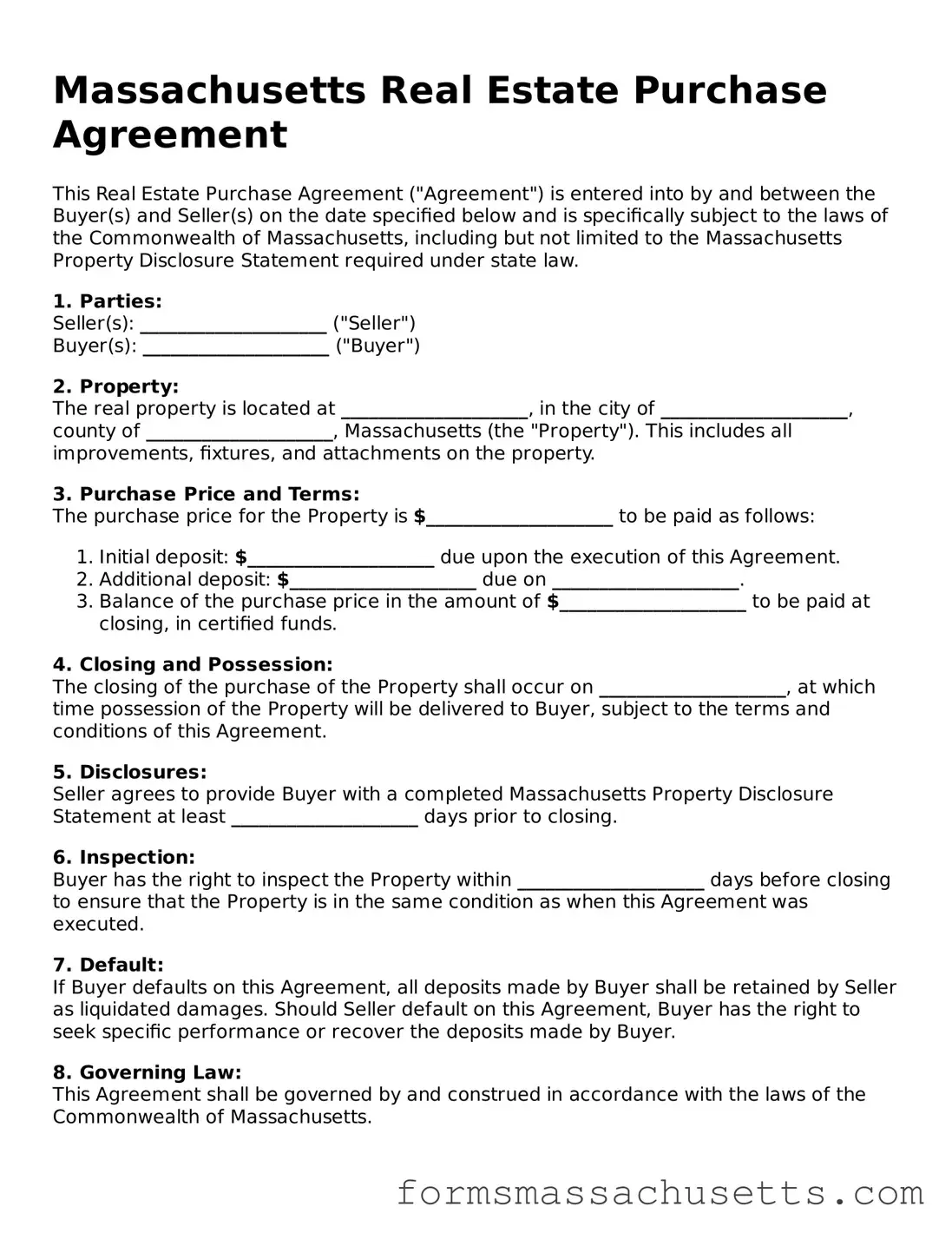 Massachusetts Real Estate Purchase Agreement Document