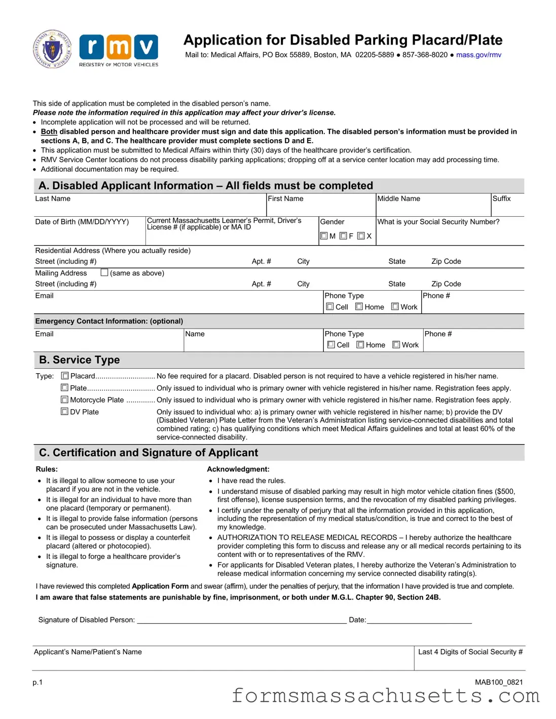 Fill in a Valid Massachusetts Disabled Parking App Form
