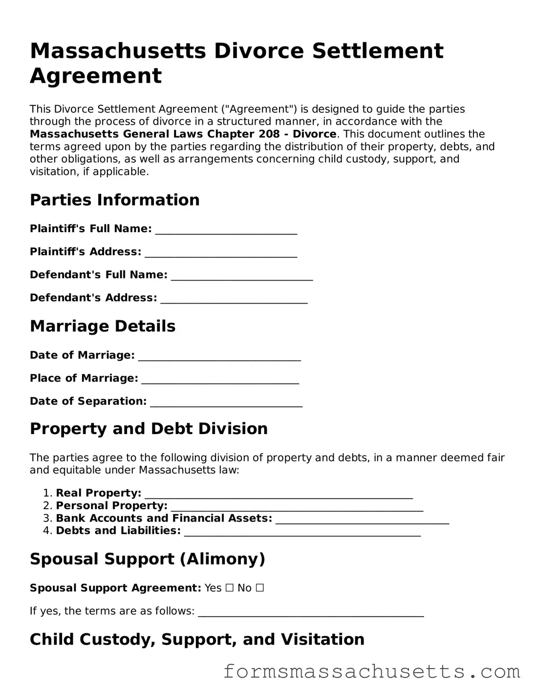 Massachusetts Divorce Settlement Agreement Document
