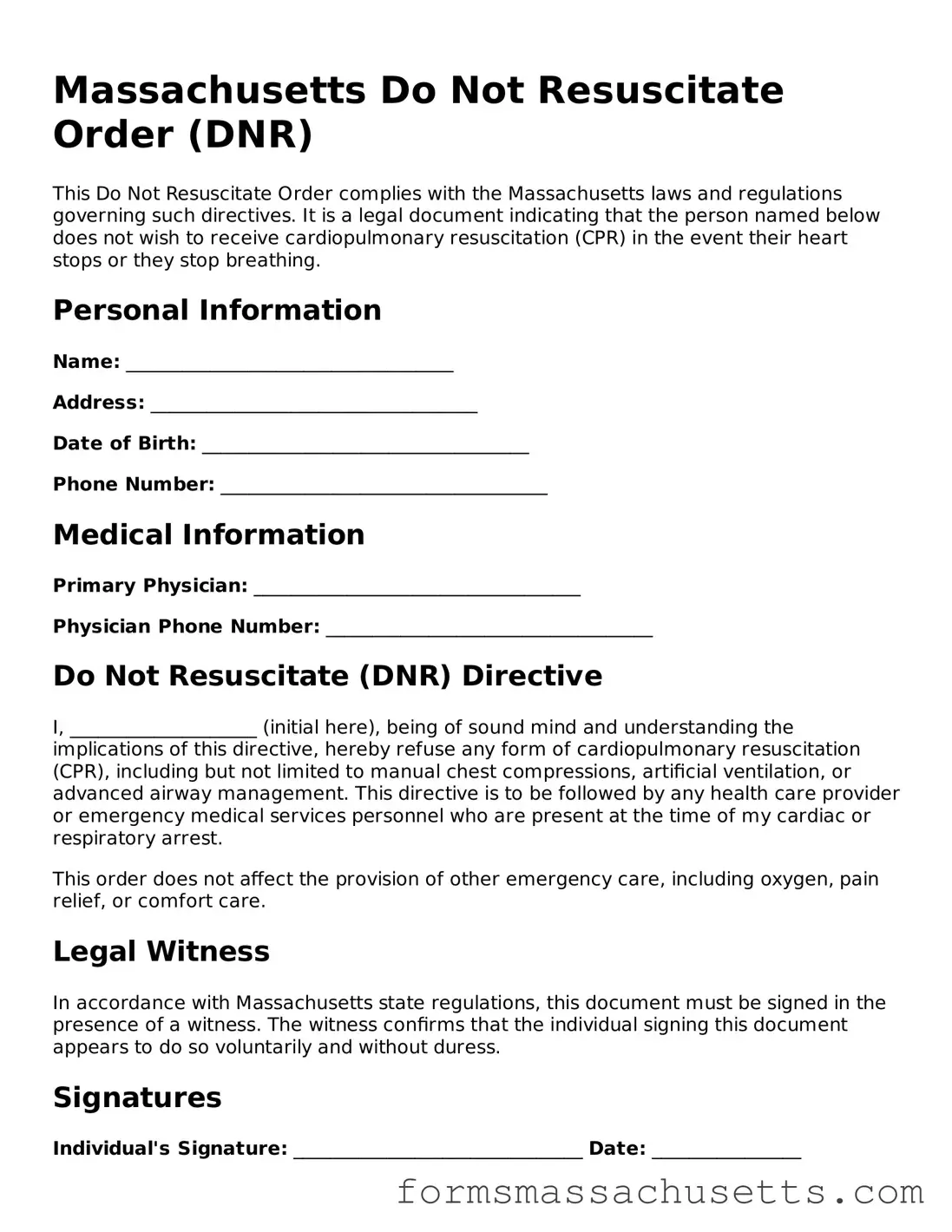 Massachusetts Do Not Resuscitate Order Document