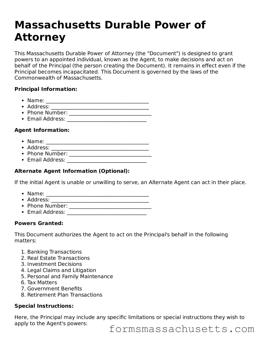 Massachusetts Durable Power of Attorney Document