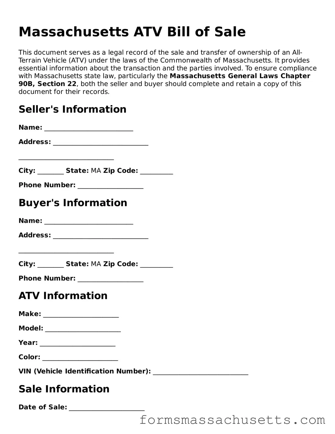 Massachusetts ATV Bill of Sale Document