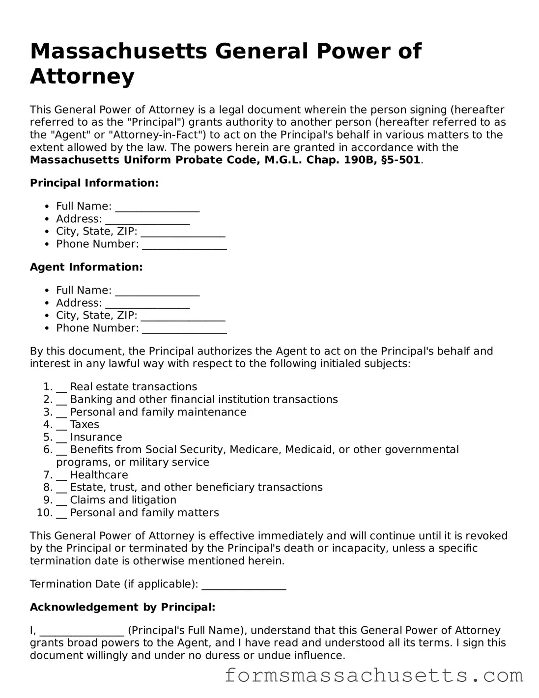 Massachusetts General Power of Attorney Document