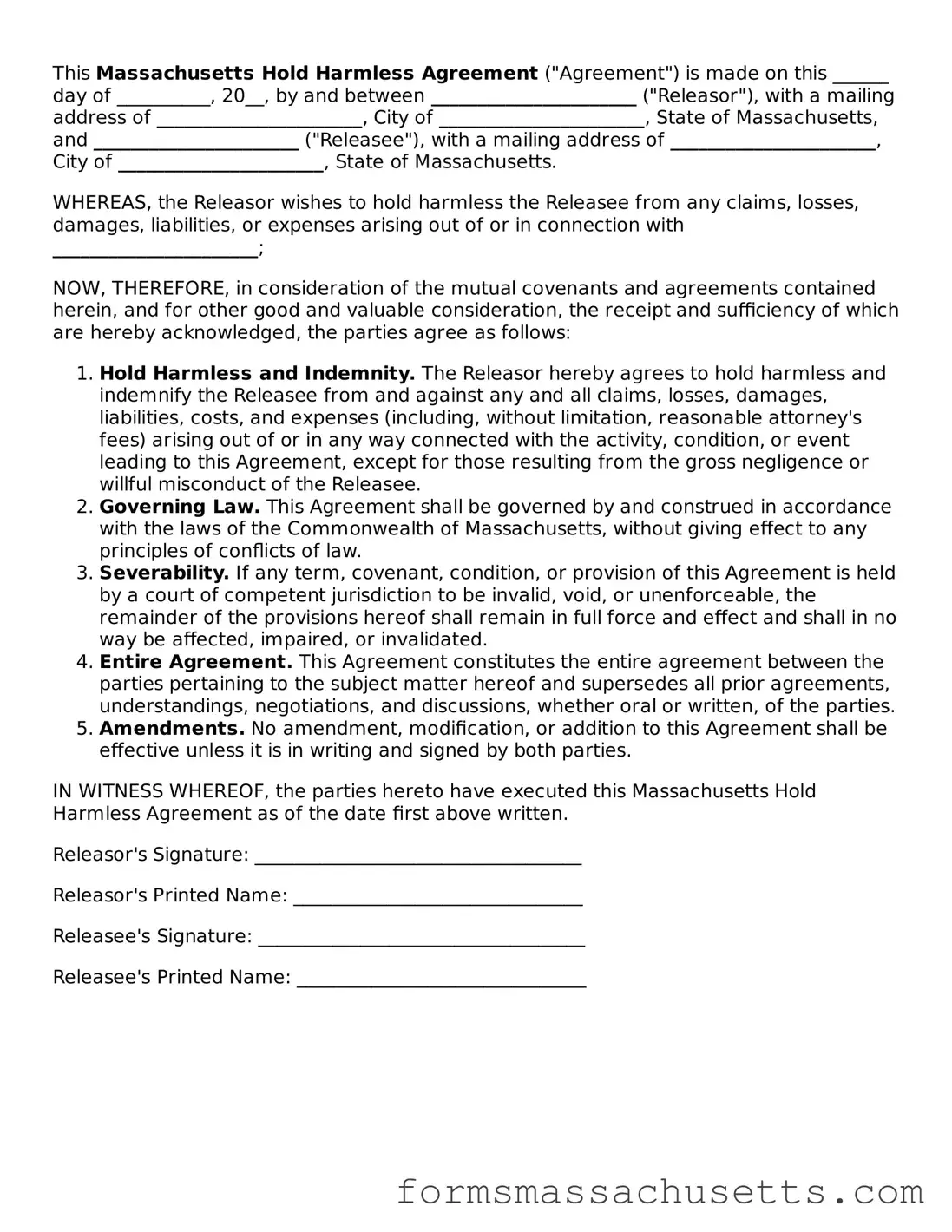 Massachusetts Hold Harmless Agreement Document