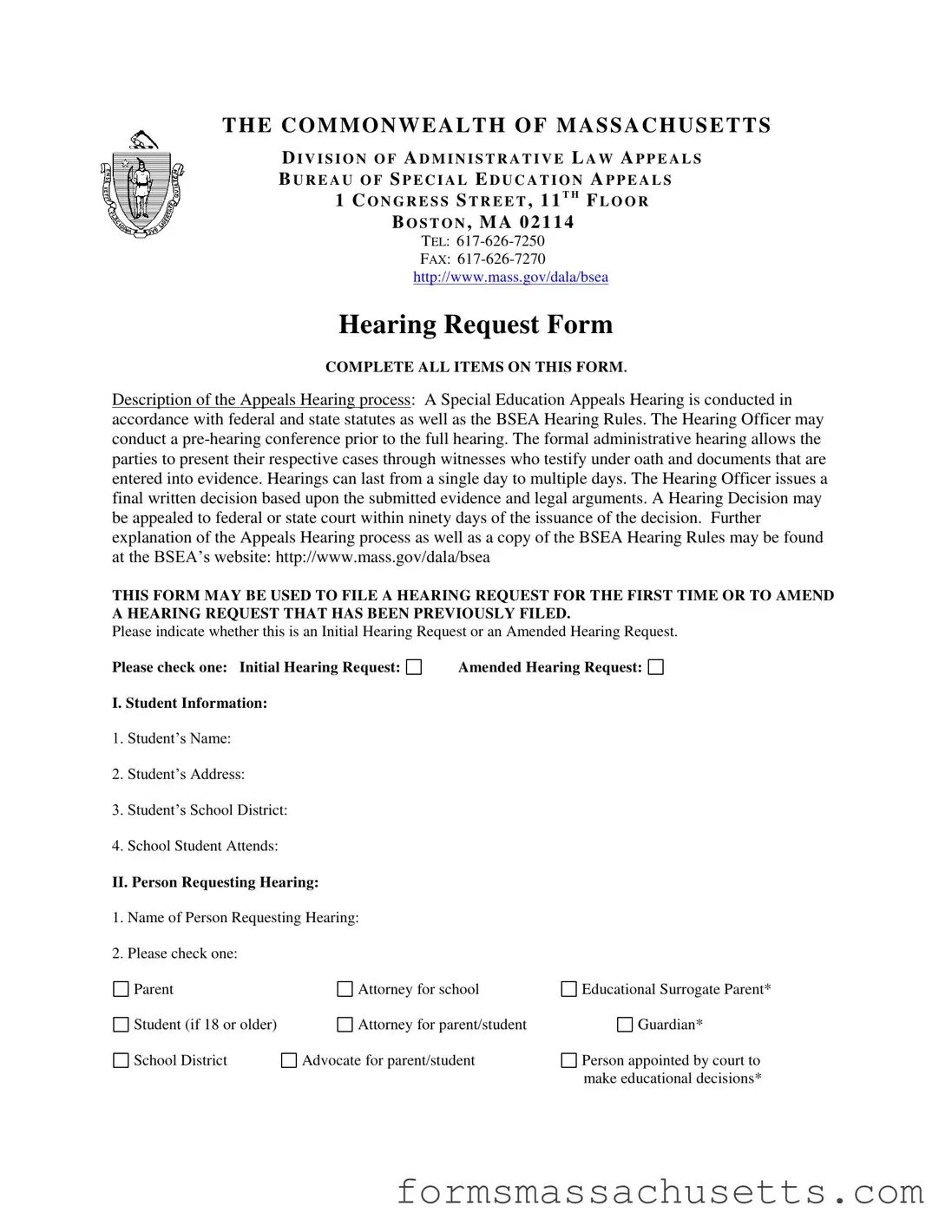 Fill in a Valid Massachusetts Hearing Request Form