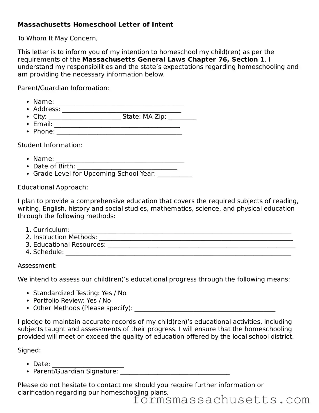 Massachusetts Homeschool Letter of Intent Document