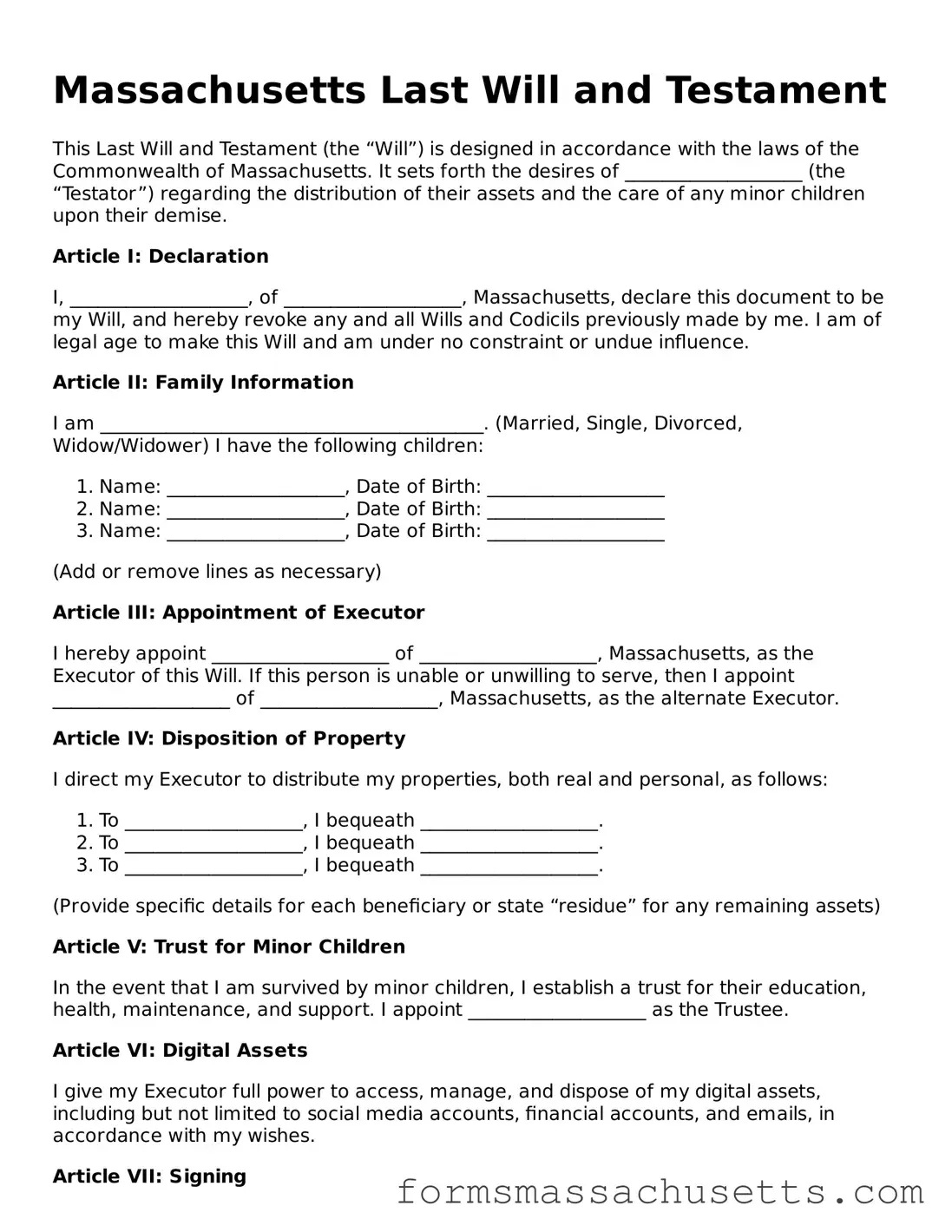 Massachusetts Last Will and Testament Document