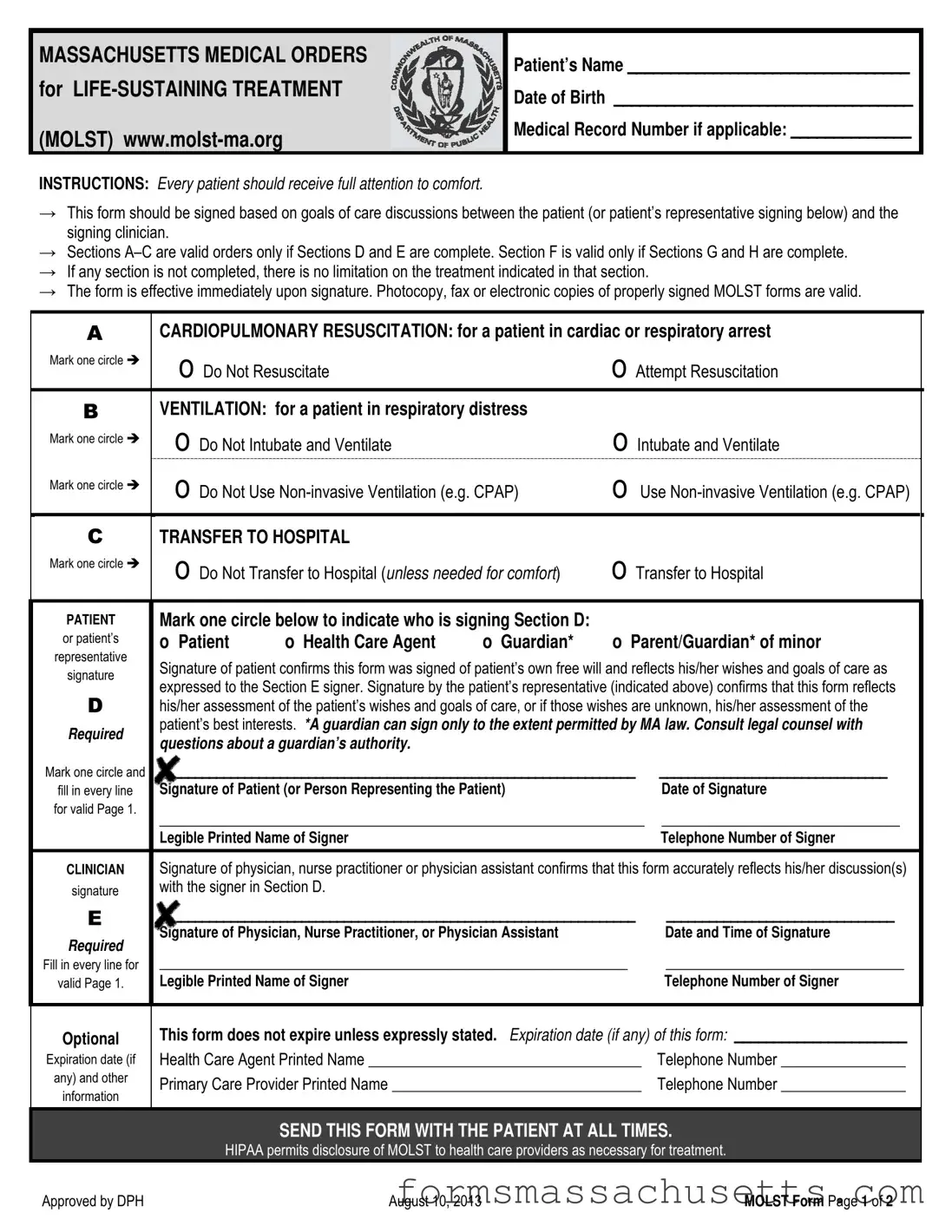 Fill in a Valid Massachusetts Molst Form