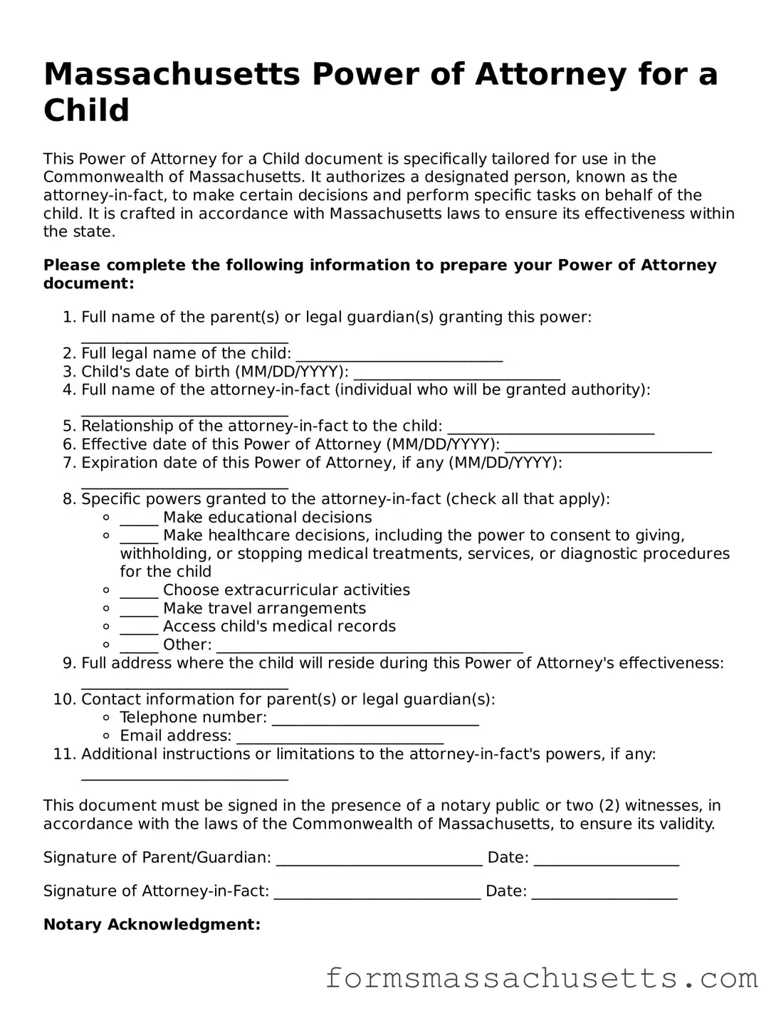 Massachusetts Power of Attorney for a Child Document
