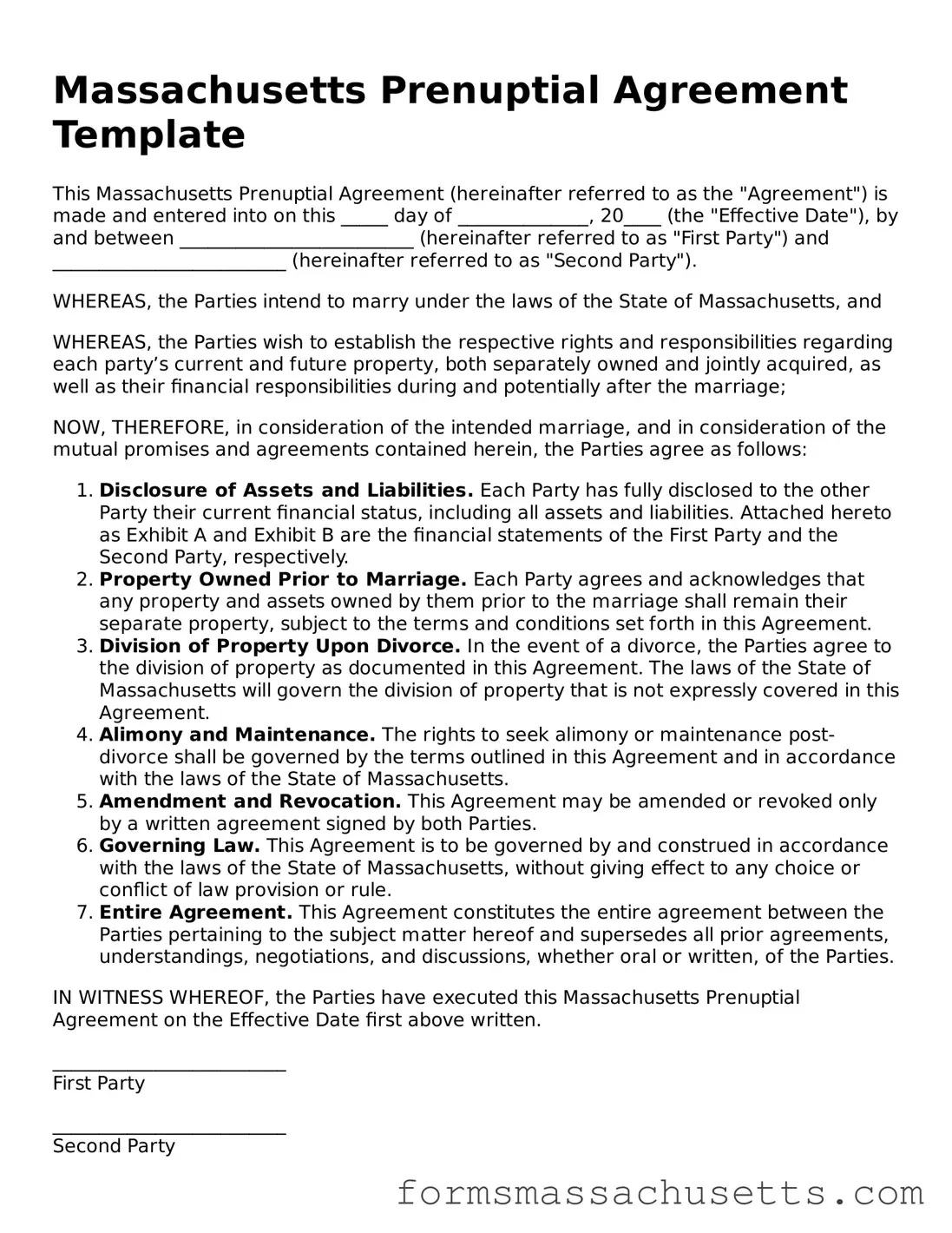 Massachusetts Prenuptial Agreement Document