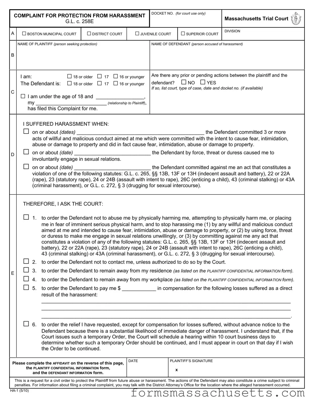 Fill in a Valid Massachusetts Protection Harassment Form