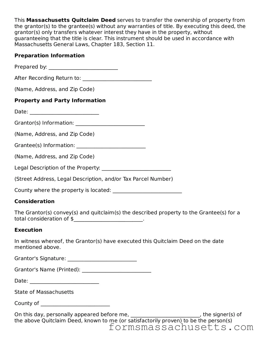 Massachusetts Quitclaim Deed Document