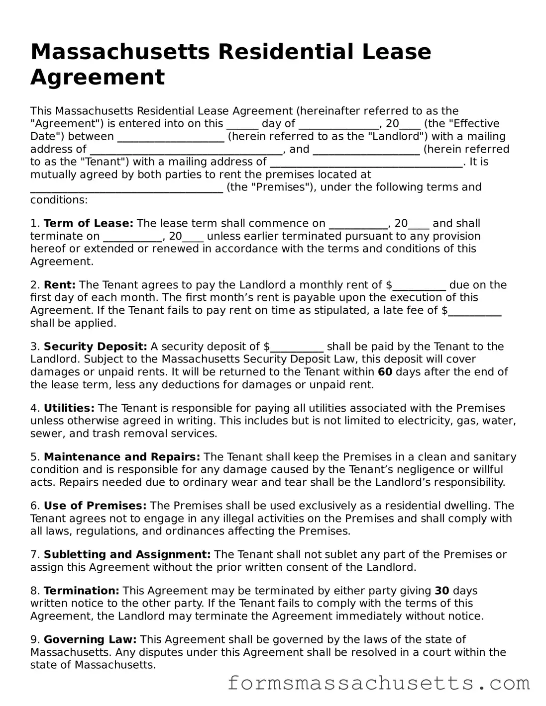 Massachusetts Residential Lease Agreement Document