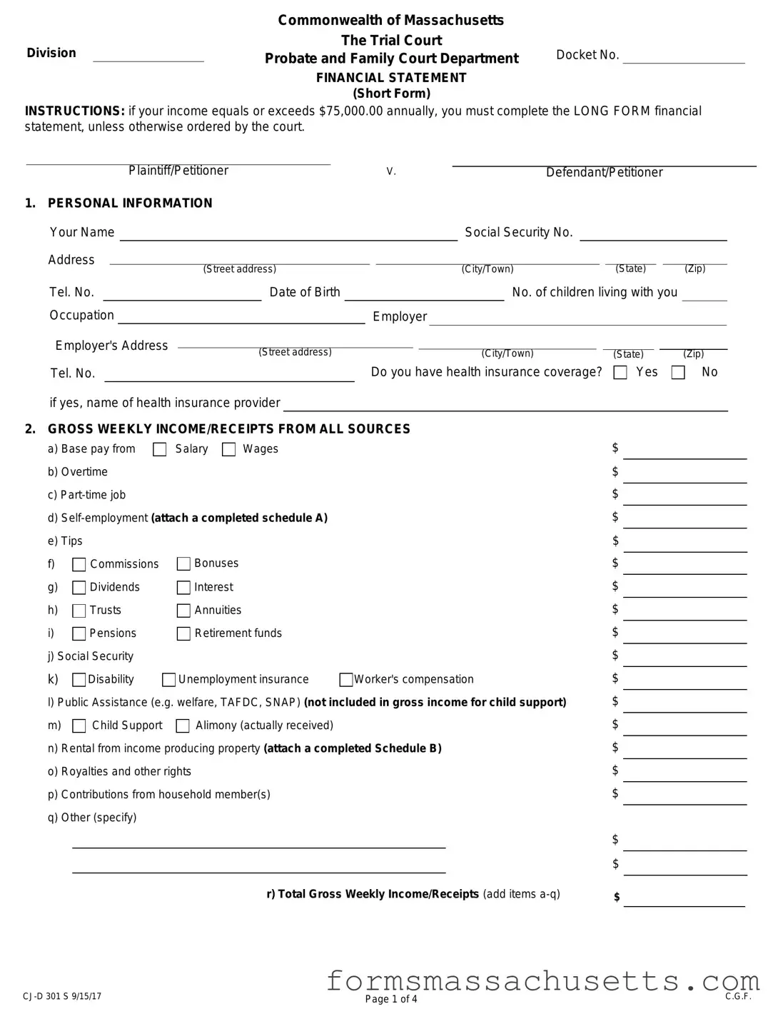 Fill in a Valid Massachusetts Short Financial Statement Form